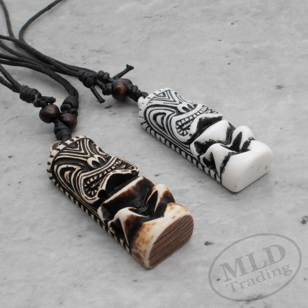 Hawaiian Style TV Show Surfer Tiki Pendant Bone Necklace – 2 Colors Brown White