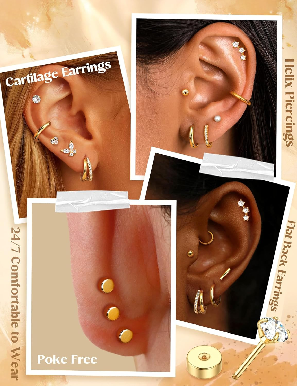Hypoallergenic Flat Back Earrings – 14K Gold Plated Cartilage Earring Sets 20G S