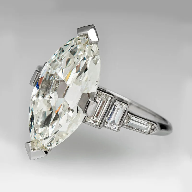 Platinum Rhodium Diamond Ring with Baguette Side Stones Engagement Jewelry