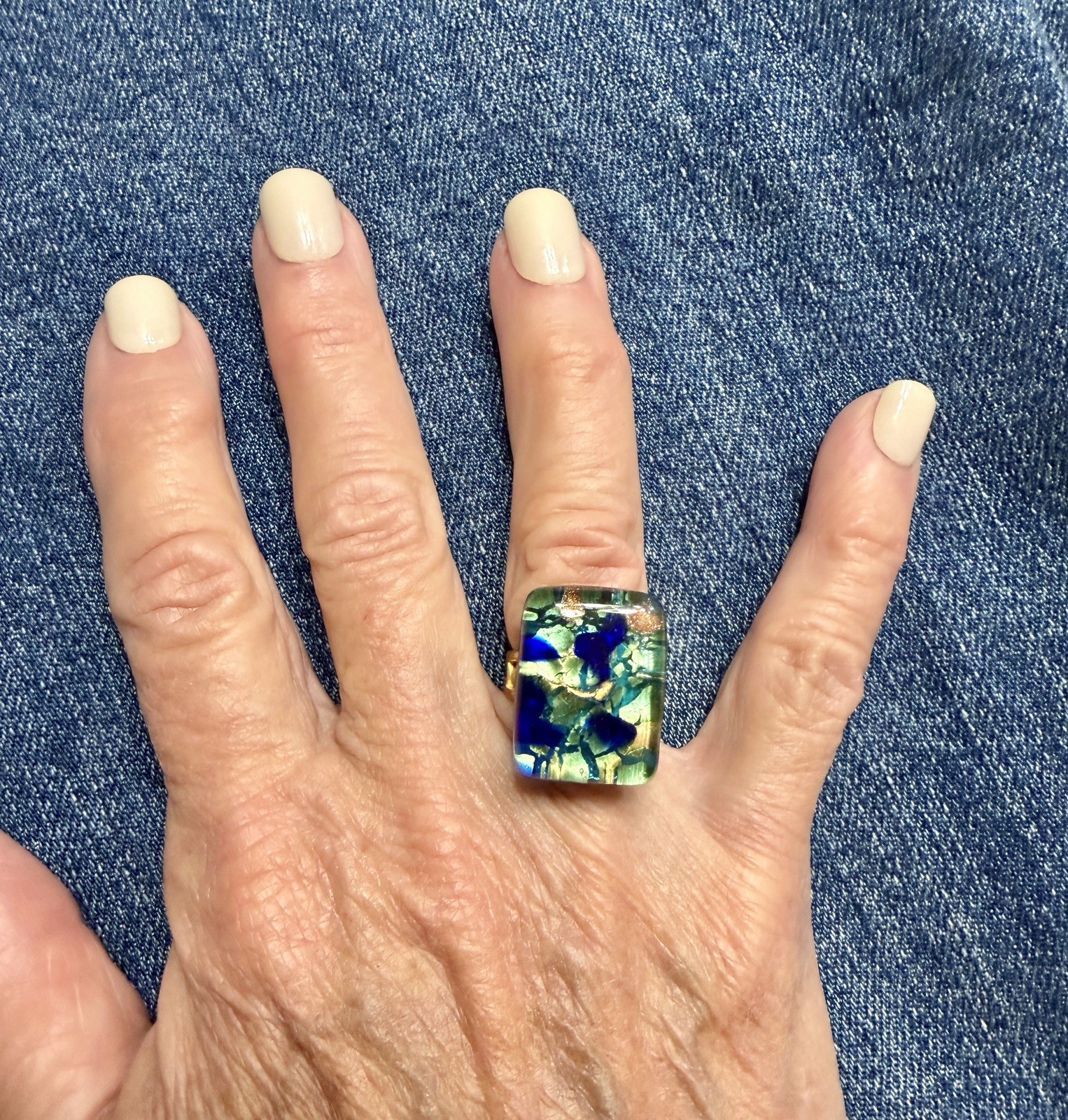 Murano Glass Gold Tone Rectangle Blue Green Ring. Adjustable Size Fits All