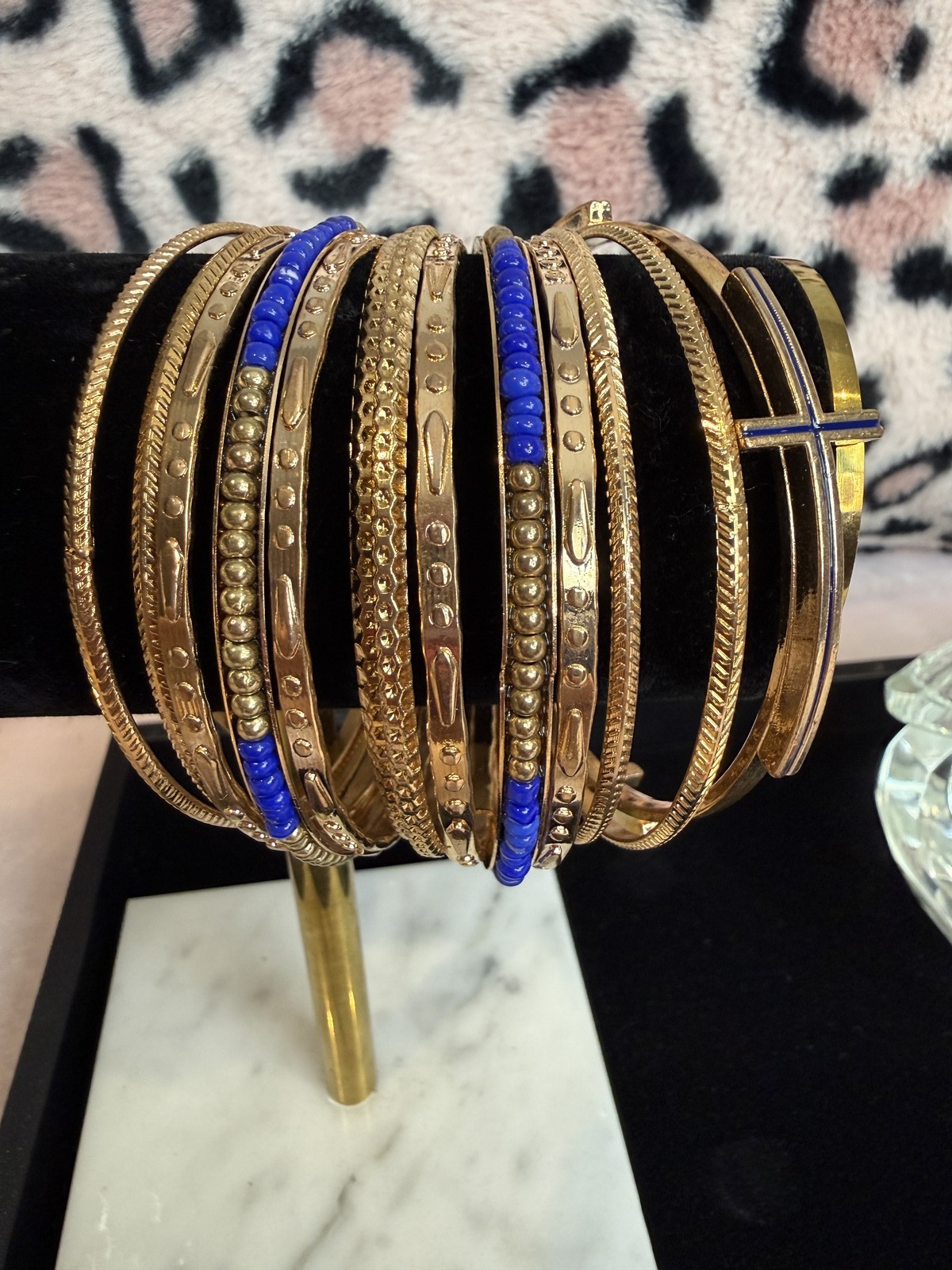 Gold Tone Bangle Bracelet Set Boho Stacked Bangles Blue Beads Cross Charm