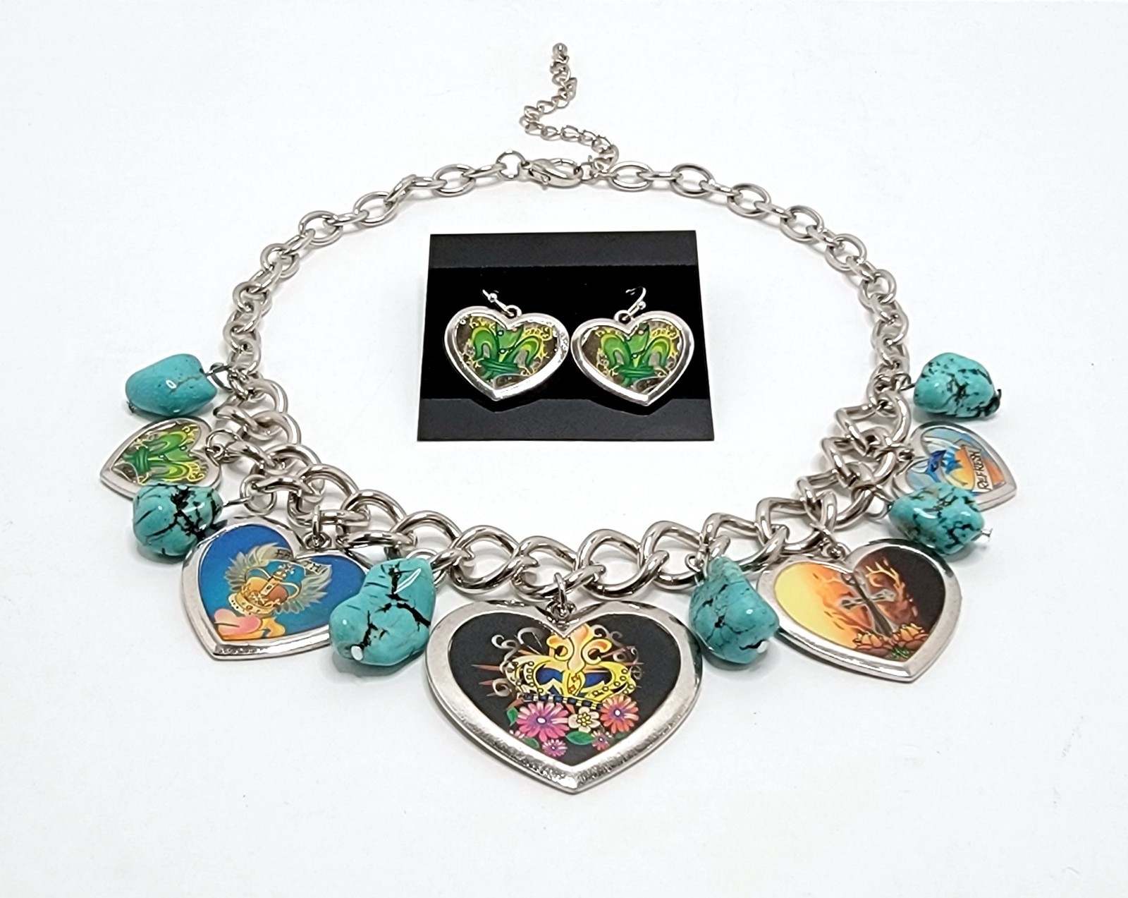 Ed Hardy Style Y2K Chunky Charm Necklace Earring Set Turquoise Heart Tattoo Art