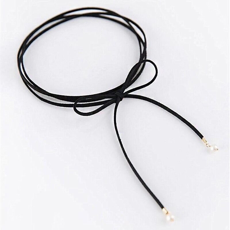 New Long Black Faux Suede & Pearl Choker Necklace #N2043