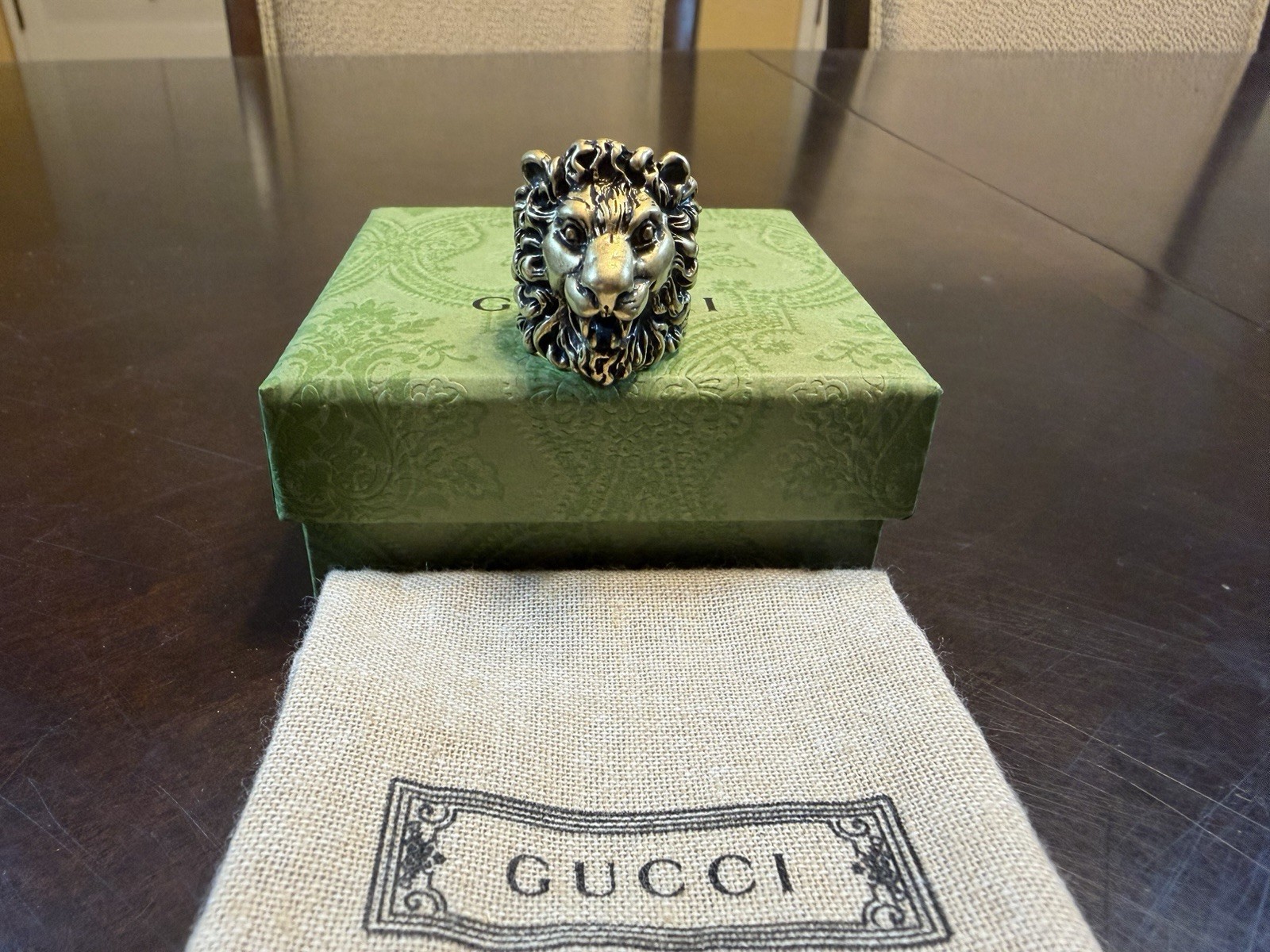 New Authentic Gucci Lion Head Brass Ring Size IT 19 / US 8.75