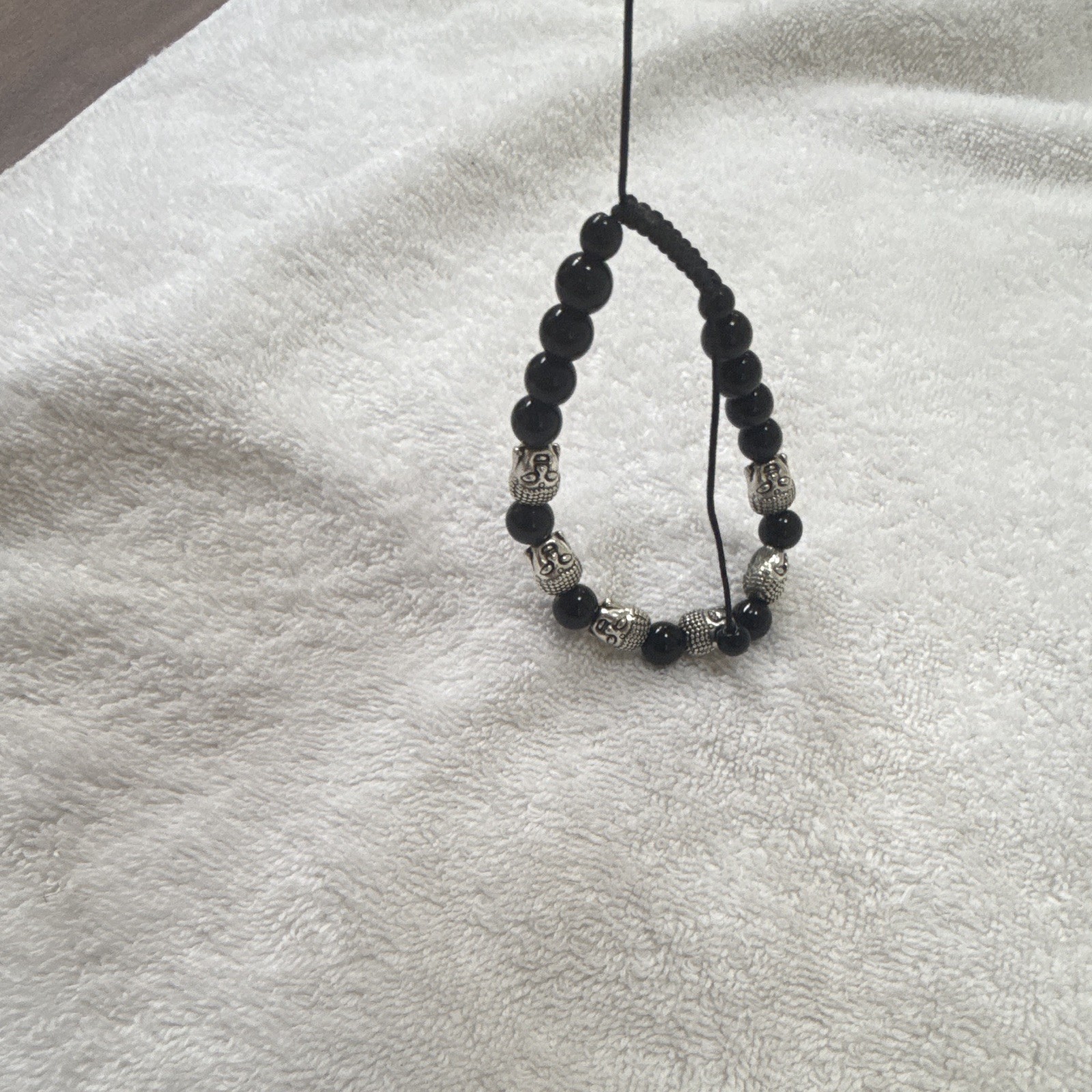 Black Beaded Adjustable Cord Bracelet with Silver-Tone Spacer Beads