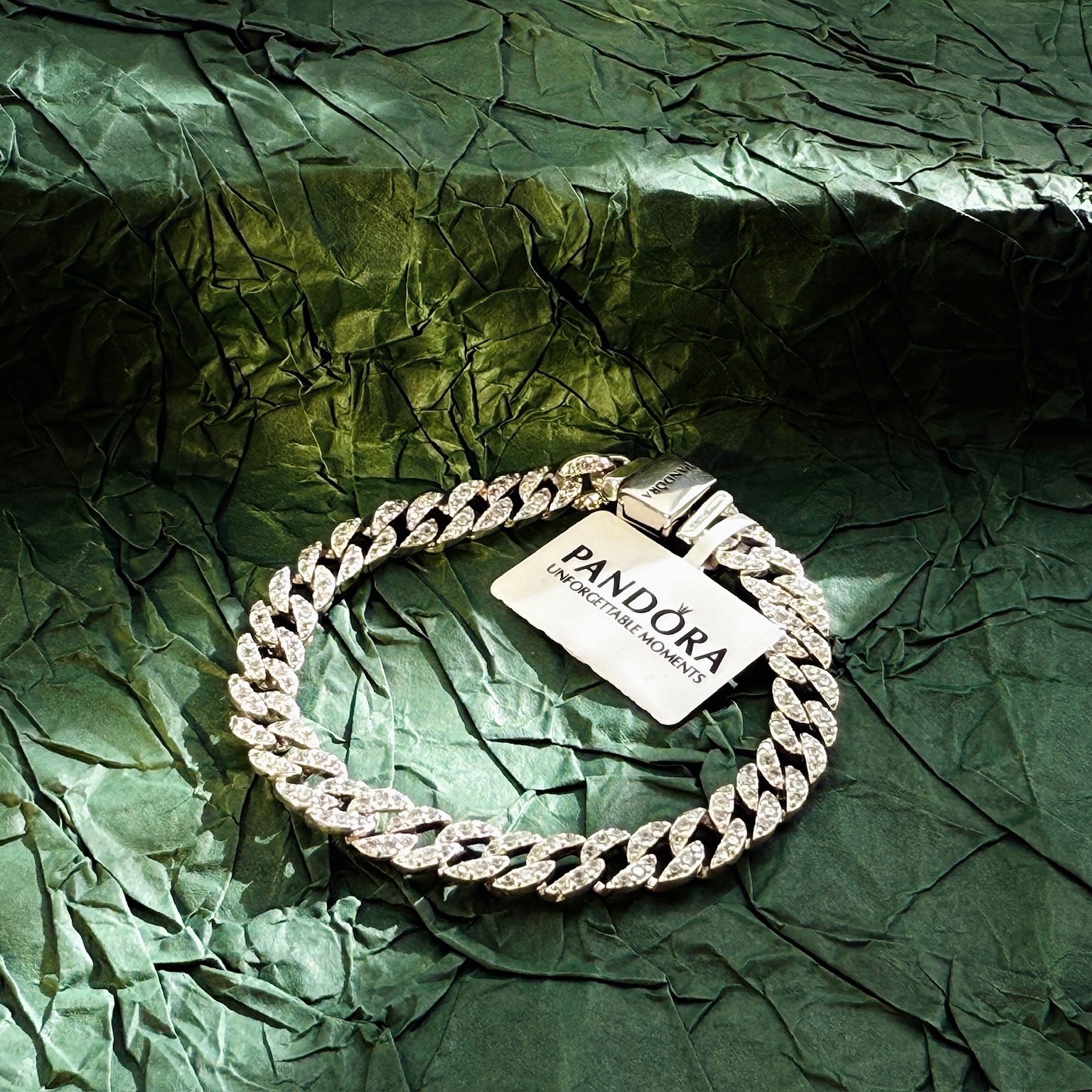 AUTHENTIC PANDORA S925 ALE TIMELESS PAVÉ CUBAN BRACELET 593008C01, 7.9 in