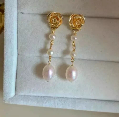 Genuine AAA natural south sea white pearl dangle earrings 14k yelllow gold P