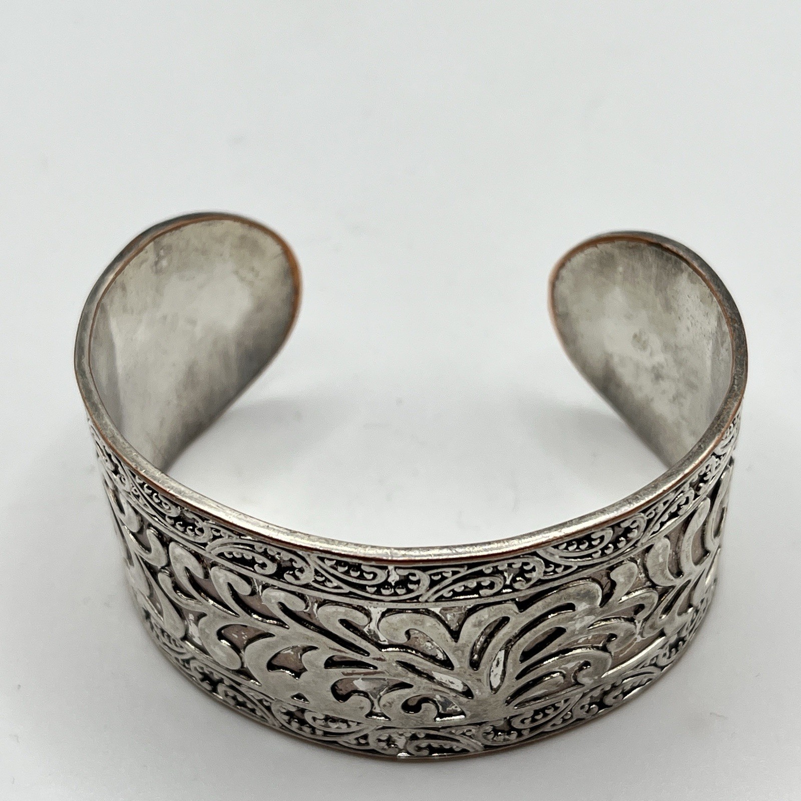 Floral Mixed Metal Scroll Work Cuff Bracelet – Silver Tone & Copper