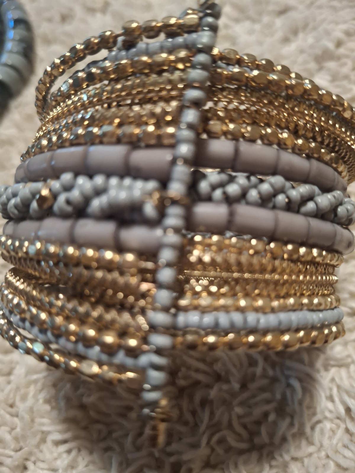 3 Bracelets – Gray Marble Stone Beads. Gold Accent. One Cuff Bracelet.