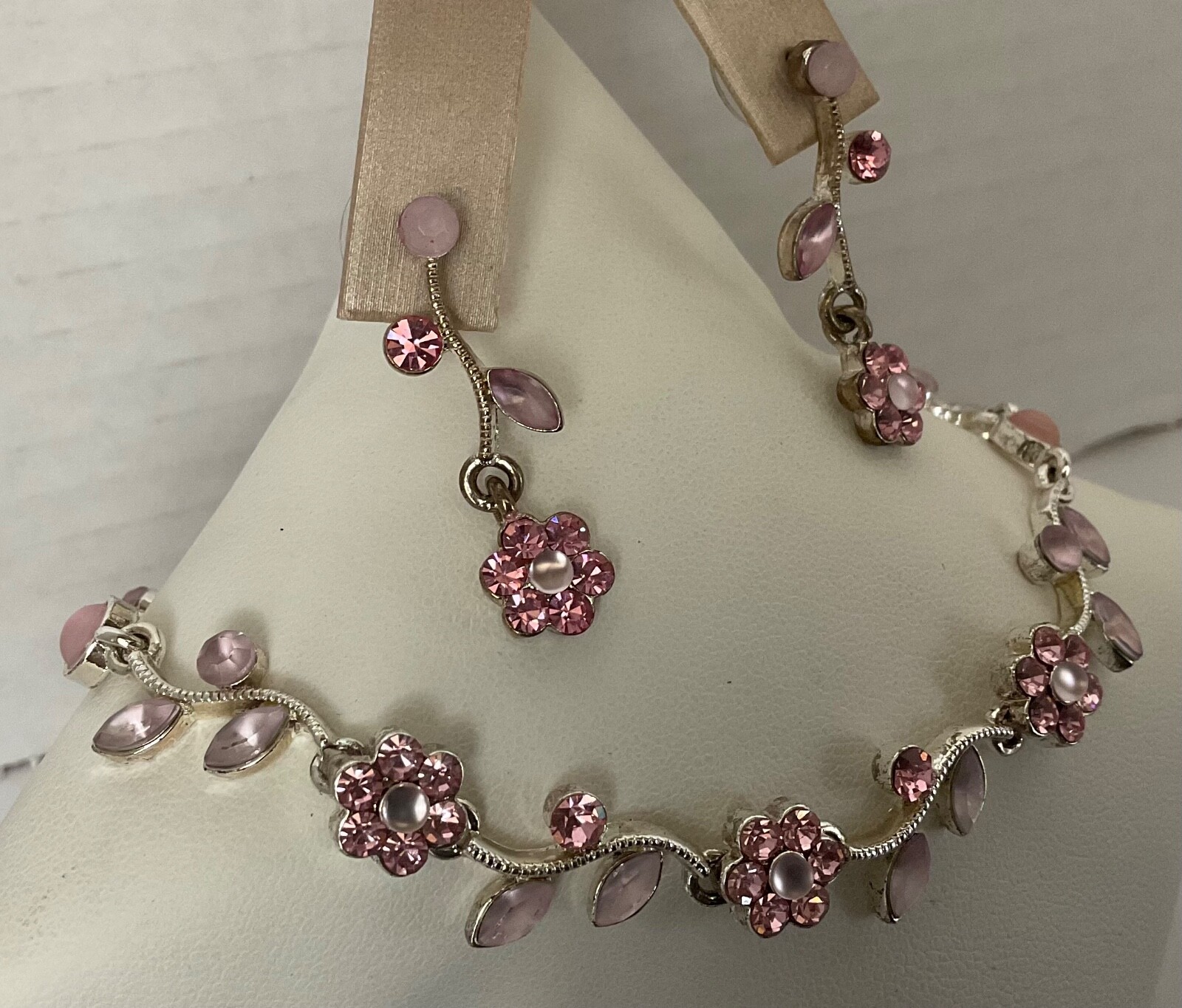Pink Crystal Floral Flower Bracelet & Dangle Earrings Set Silver Tone Base