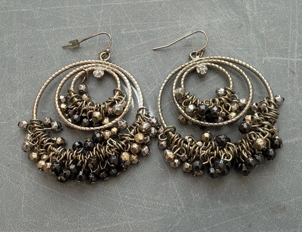 Vintage Boho Beaded Hoop Dangle Earrings Black Gold Tone Statement