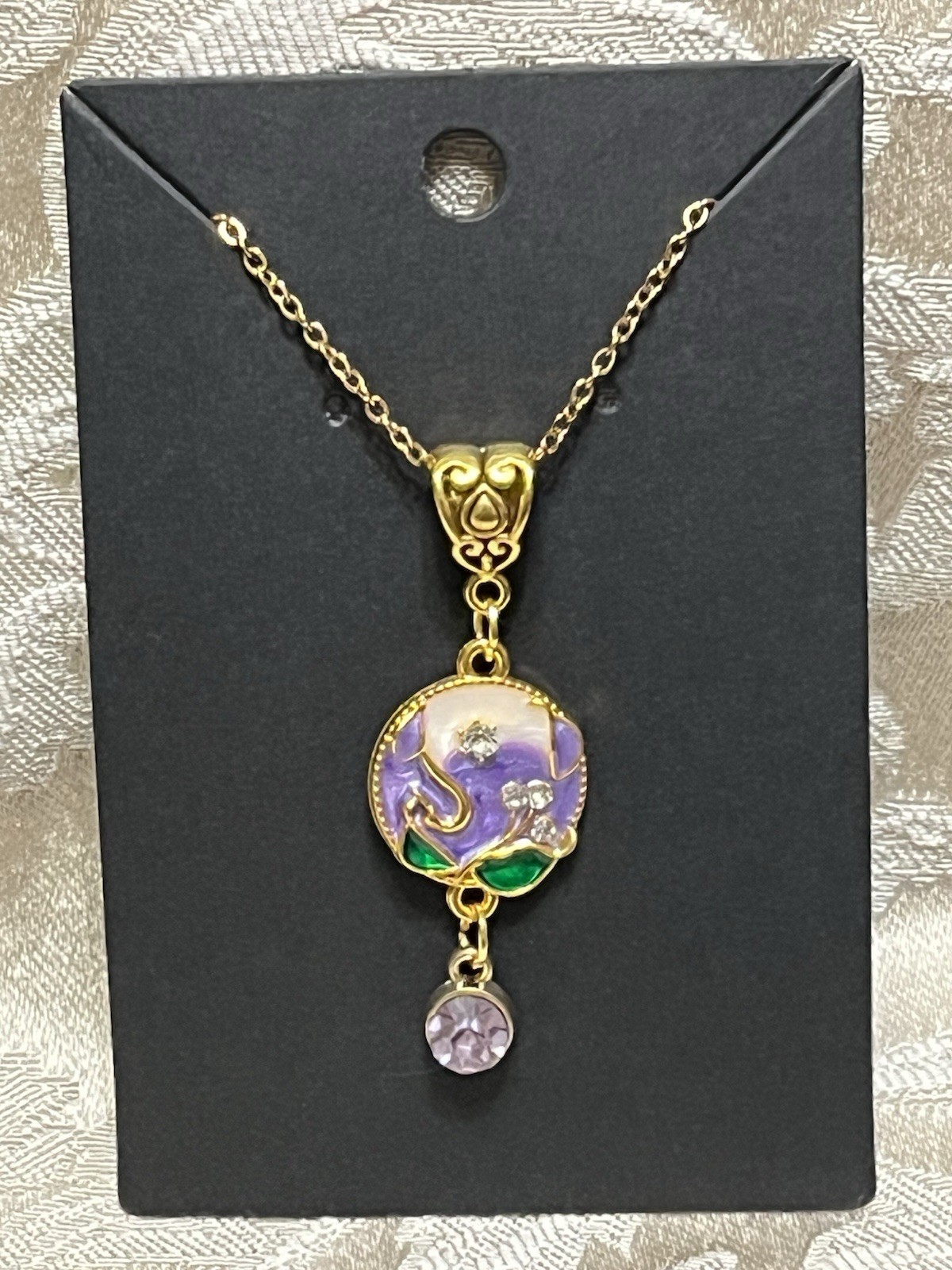 Retro Floral Gem Enamel Pendant Gold 18” Necklace Bohemian Floral Novelty
