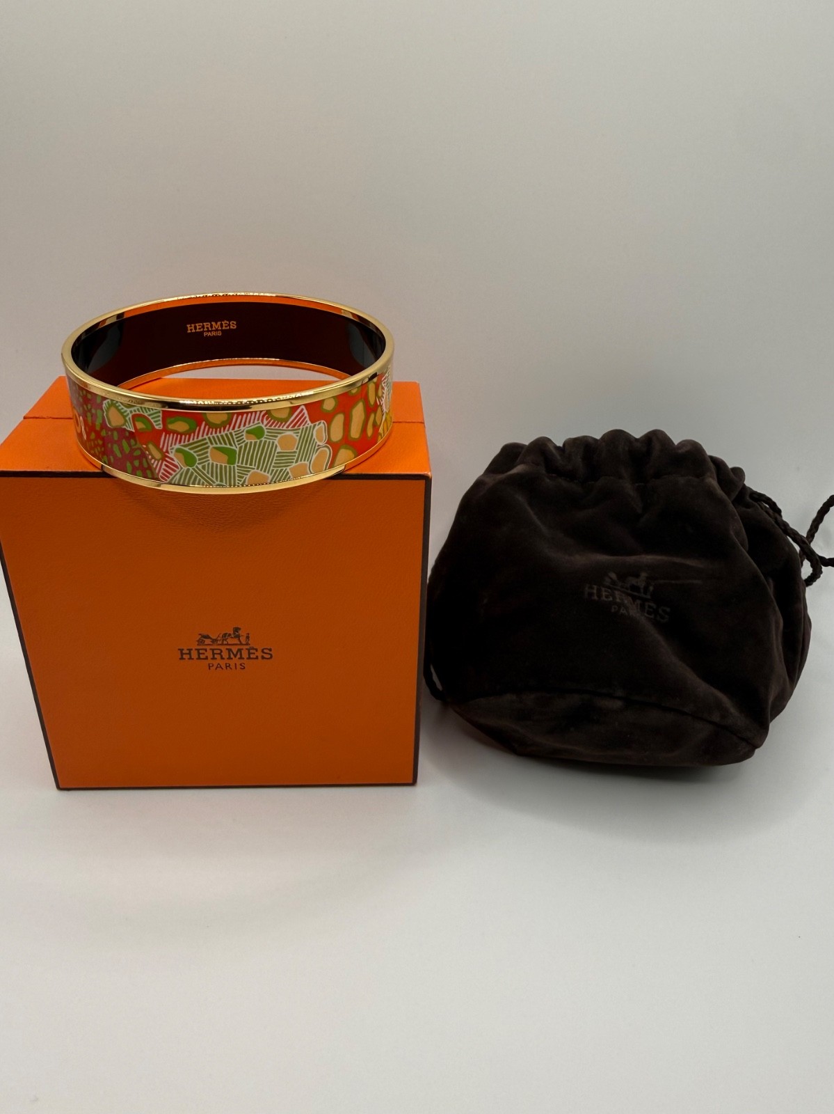 Authentic Hermès Wide Enamel Bangle Bracelet PM 65mm Multicolor Box & Pouch