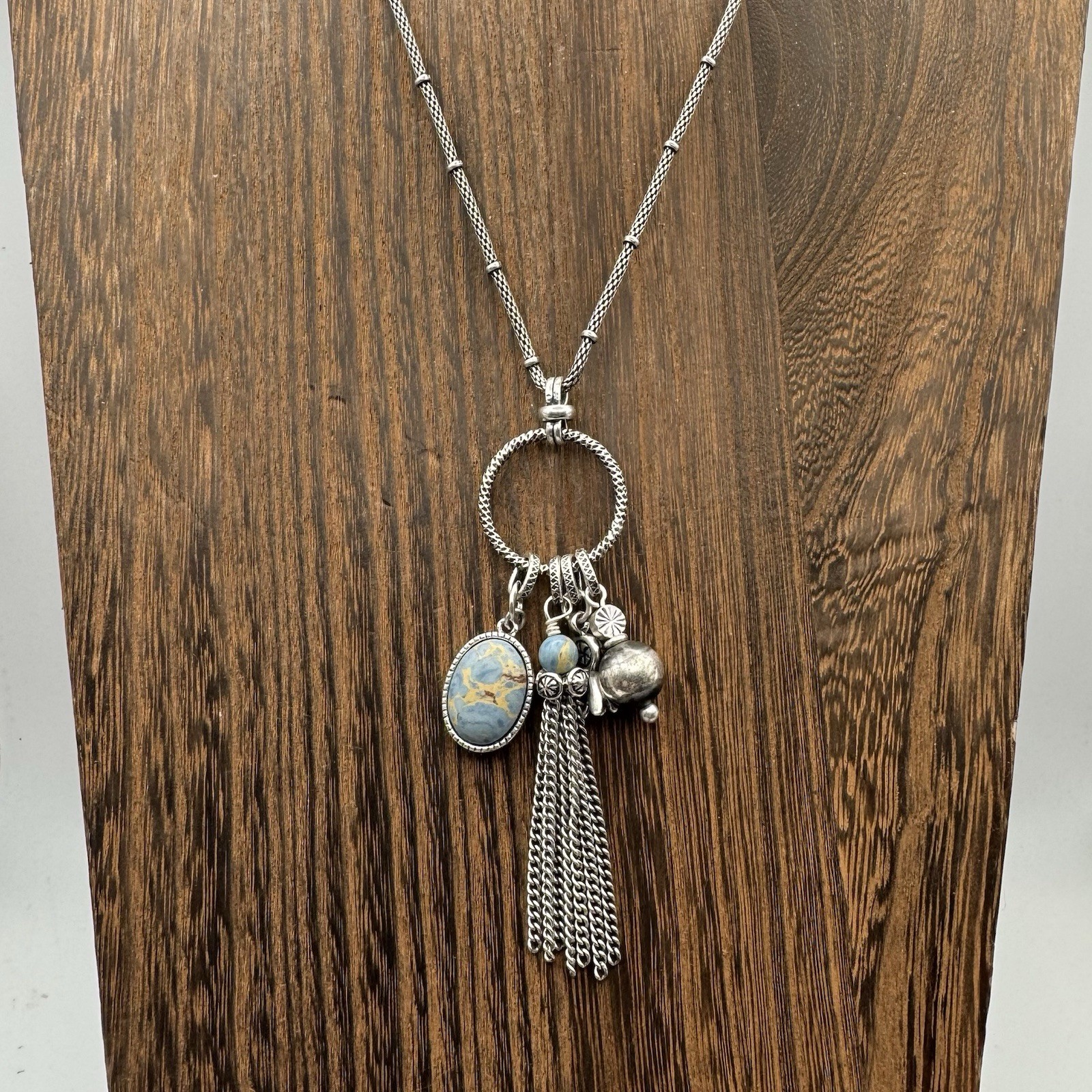 Silvertone Chain Necklace Metal Blue Cabochon And Metal charms Adjustable Slider