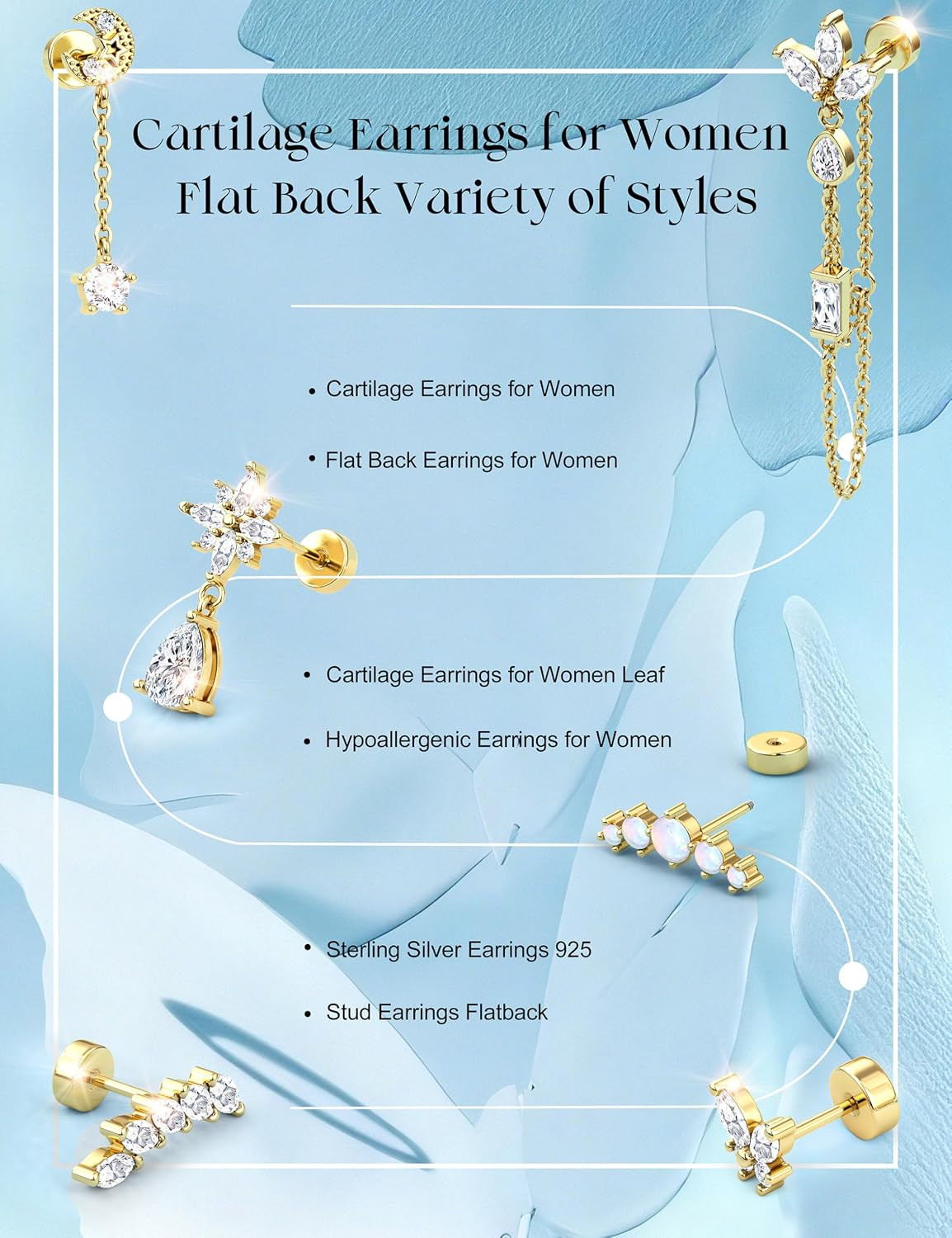 Hypoallergenic Cartilage Earrings for Women Flat Back-925 Sterling Silver Post S