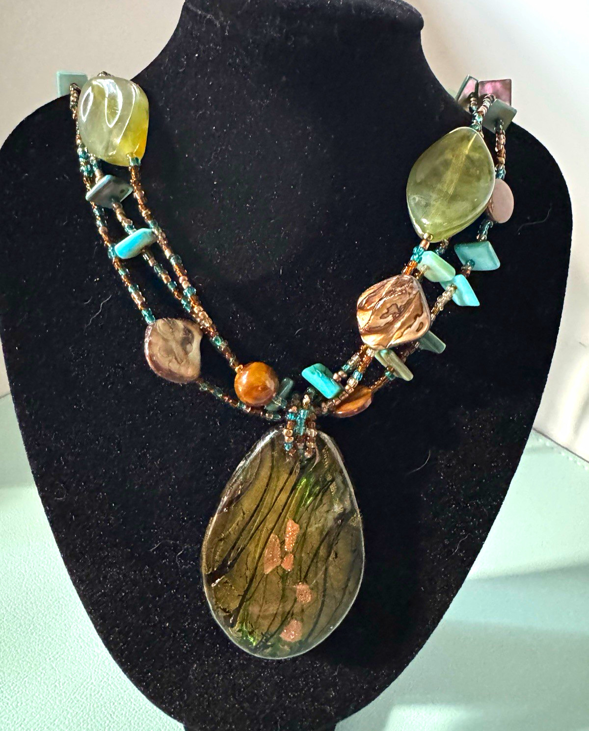 Multicolor Glass Gemstone Beaded Multi-Strand Oval Pendant Necklace Bohemian