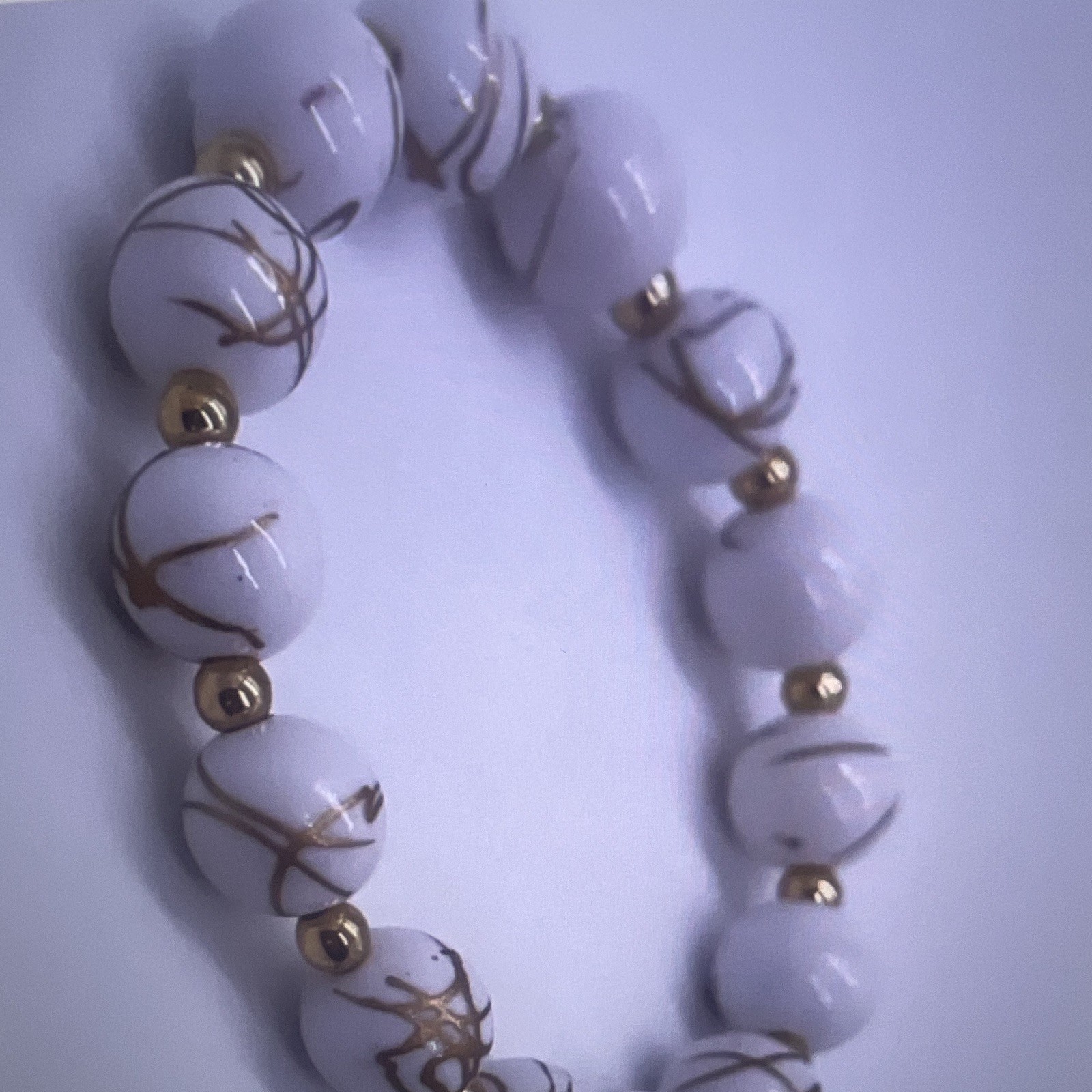White Round Stone Beaded Stretch Bracelet No Clasp with Gold Tone