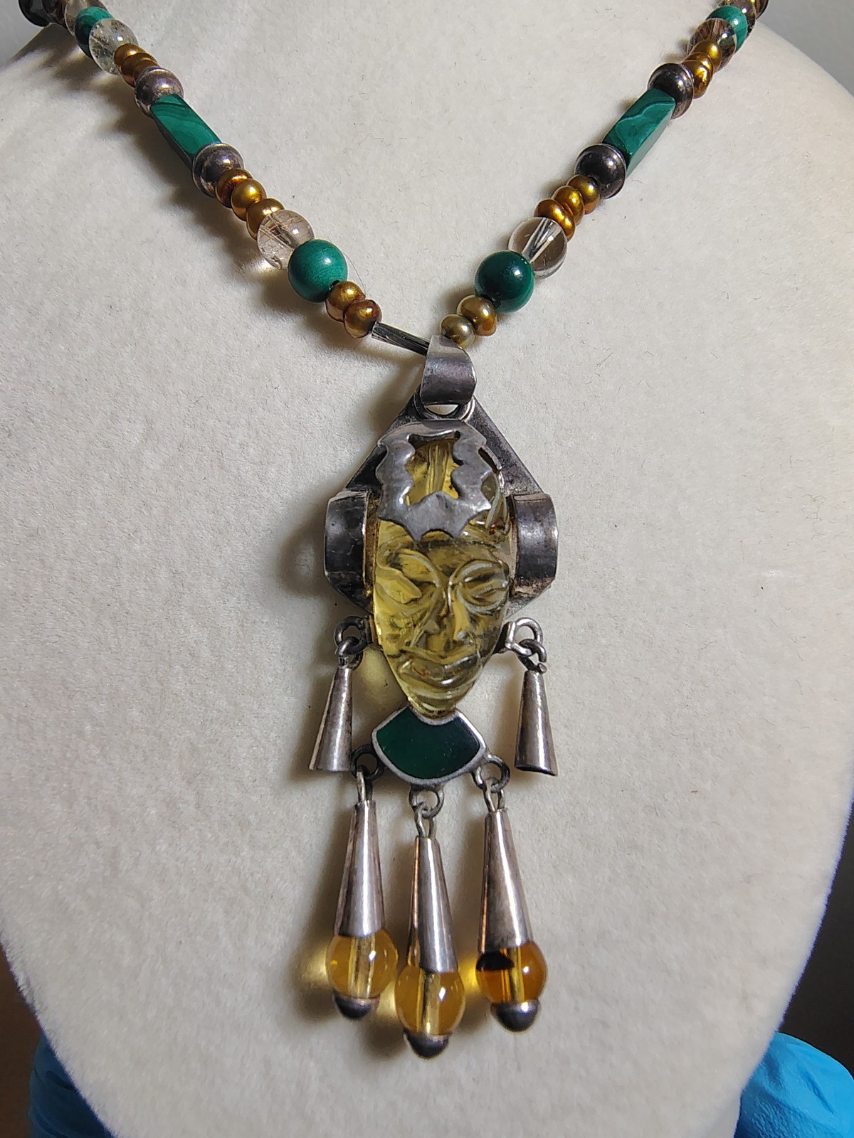 Vtg Rare Taxco Mexico 925 Sterling Silver Carved Amber Warrior Mask Necklace