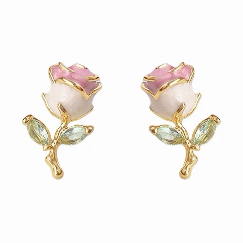 18K Gold Plated Rose Flower Stud Earrings Pink Enamel Floral CZ Earrings 391