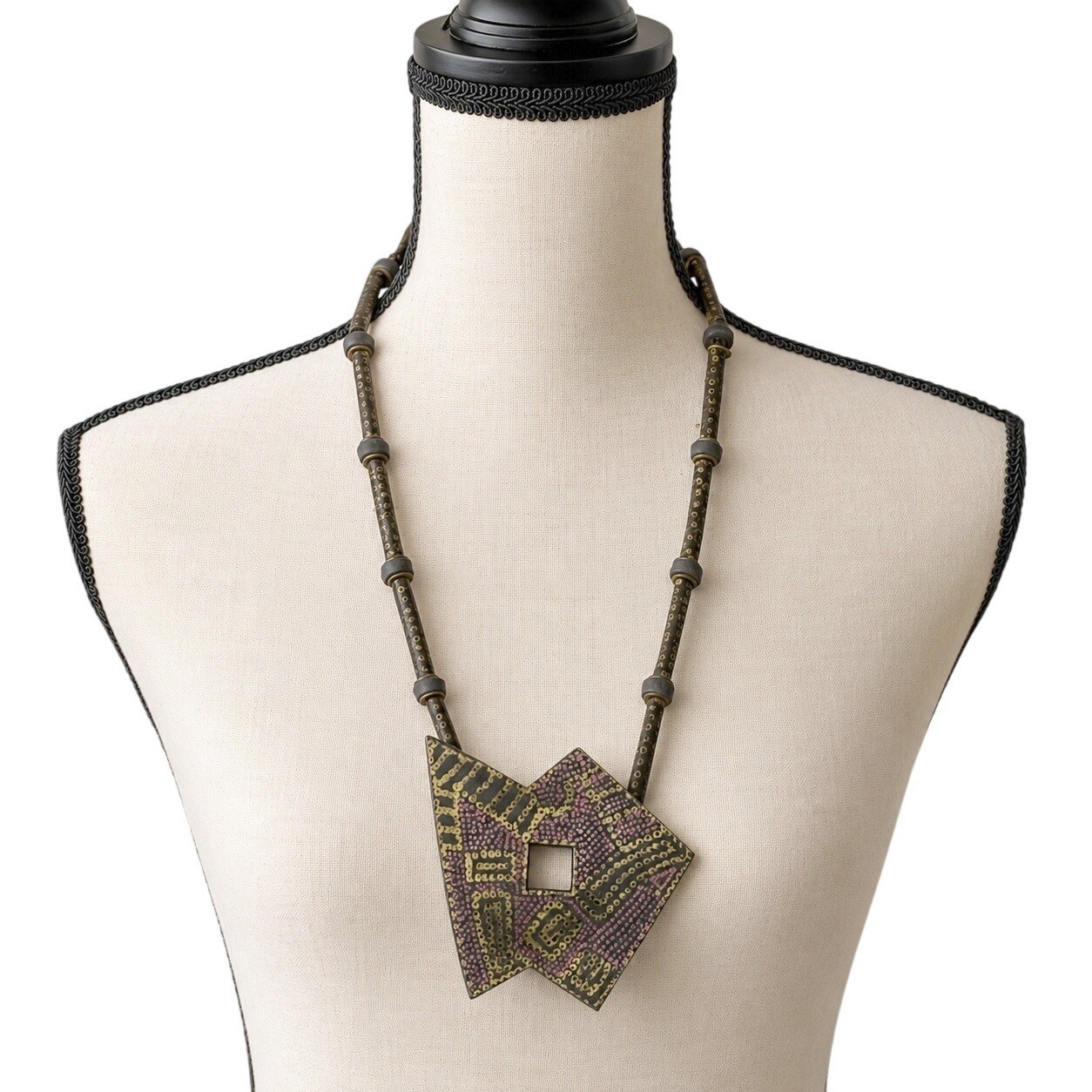 Artisanal Ceramic Geometric Statement Necklace Hand Painted Earthy Eclectic Boho