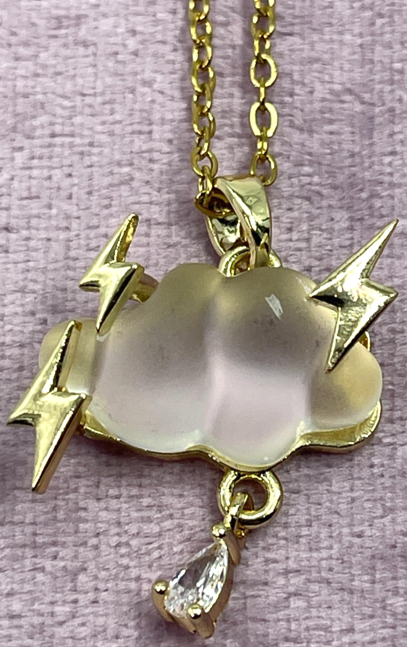Necklace Iridescent White Cloud w/Gold Tone Lightning Bolts & Zirconia Rain Drop