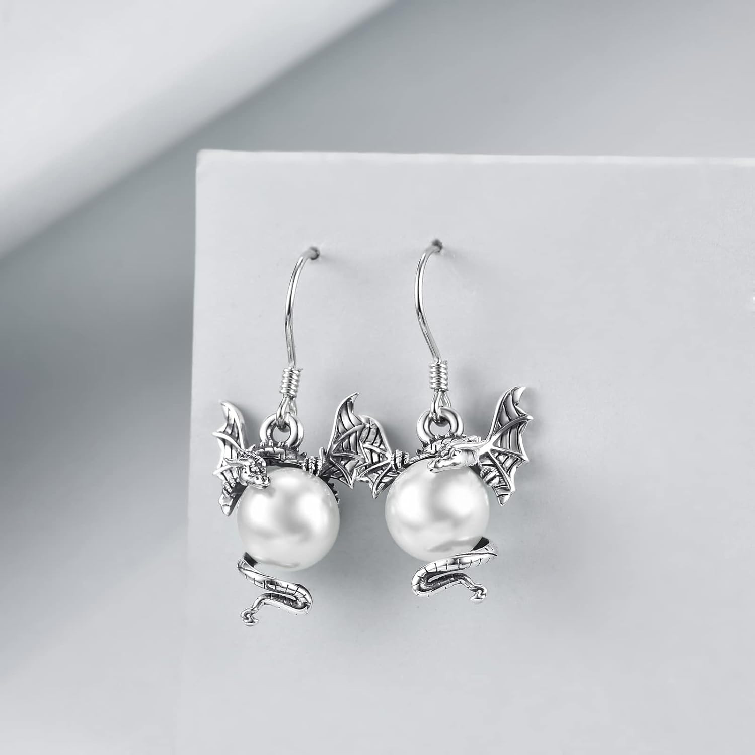 925 Sterling Silver Oxidized Dragon Pearl Dangle Earrings Jewelry Gift for Women
