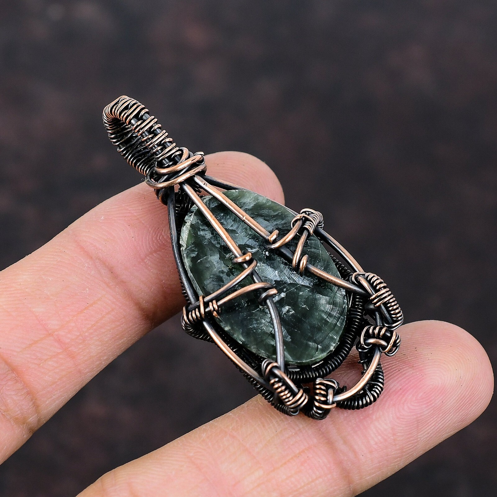 Seraphinite Wire Wrapped Pendant Handcrafted Copper Partywear Jewelry 2.24″