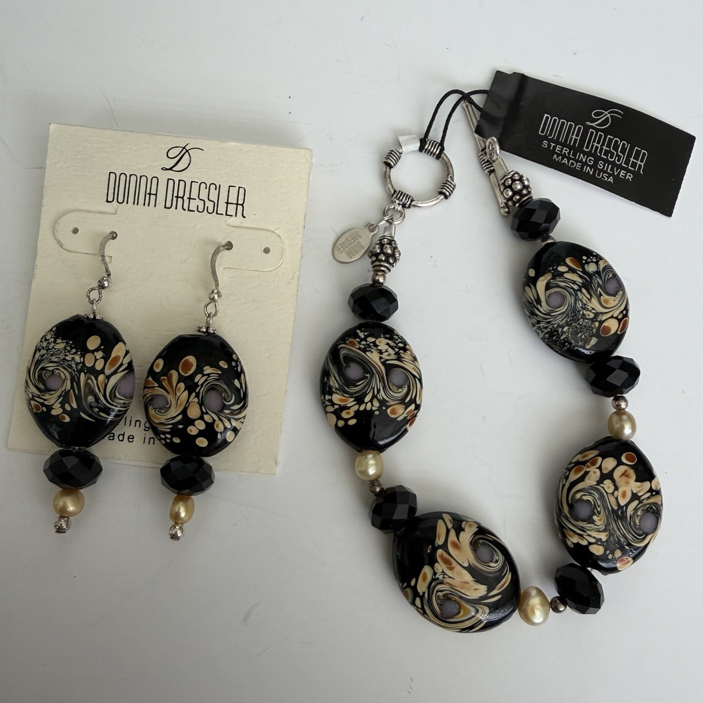 Donna Dressler NWT 925 Artisan Lampwork Glass & Pearl Bracelet &Earrings set!