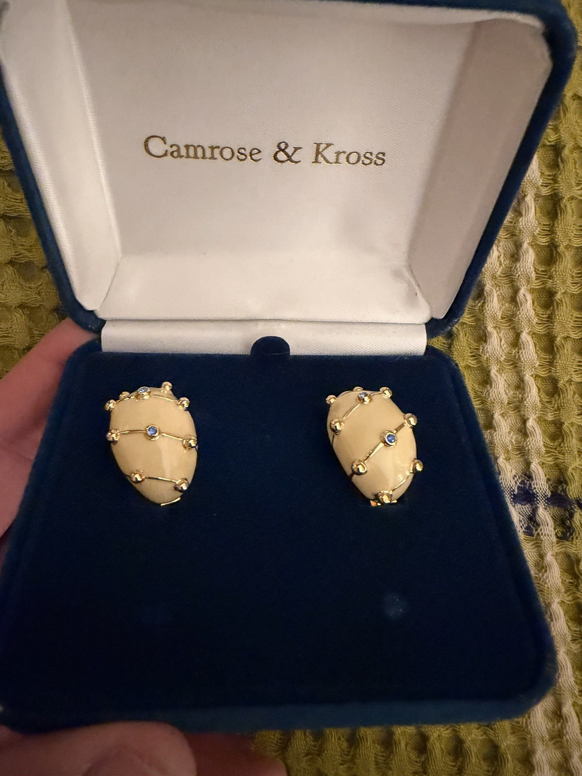 Jackie Kennedy Gold Tone Oval Ivory Earrings Blue Crystals Camrose & Kross