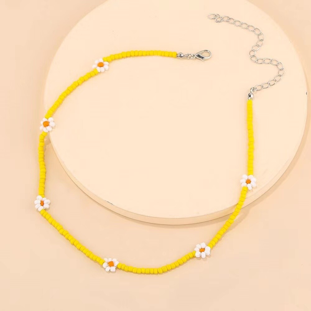 Bohemian Flower Yellow Beaded Choker Necklace Women’s Girl’s Jewelry Chain 20″