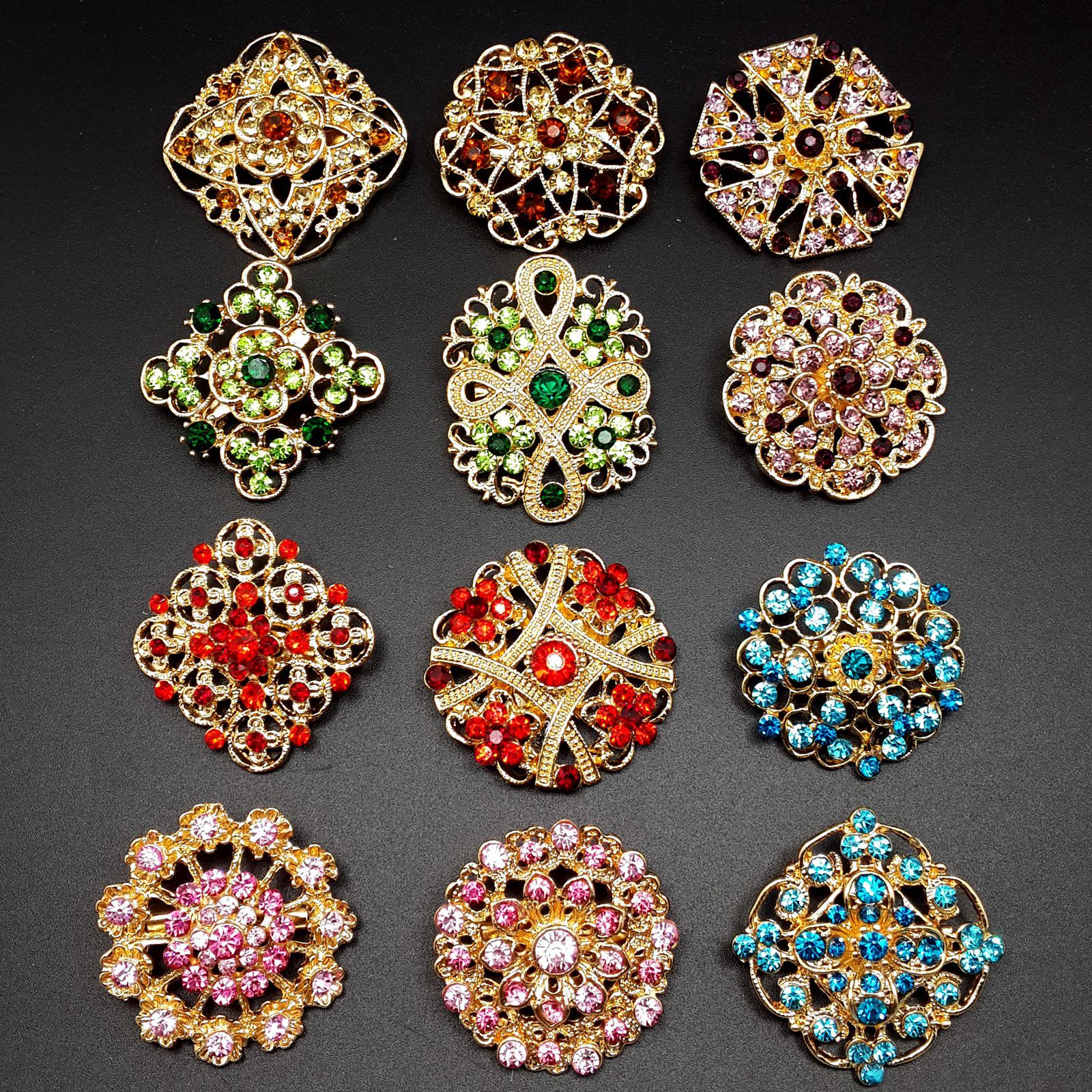 12pc/lot Mixed Alloy Vintage Style Gold Rhinestone Crystal Brooch DIY Bouquet