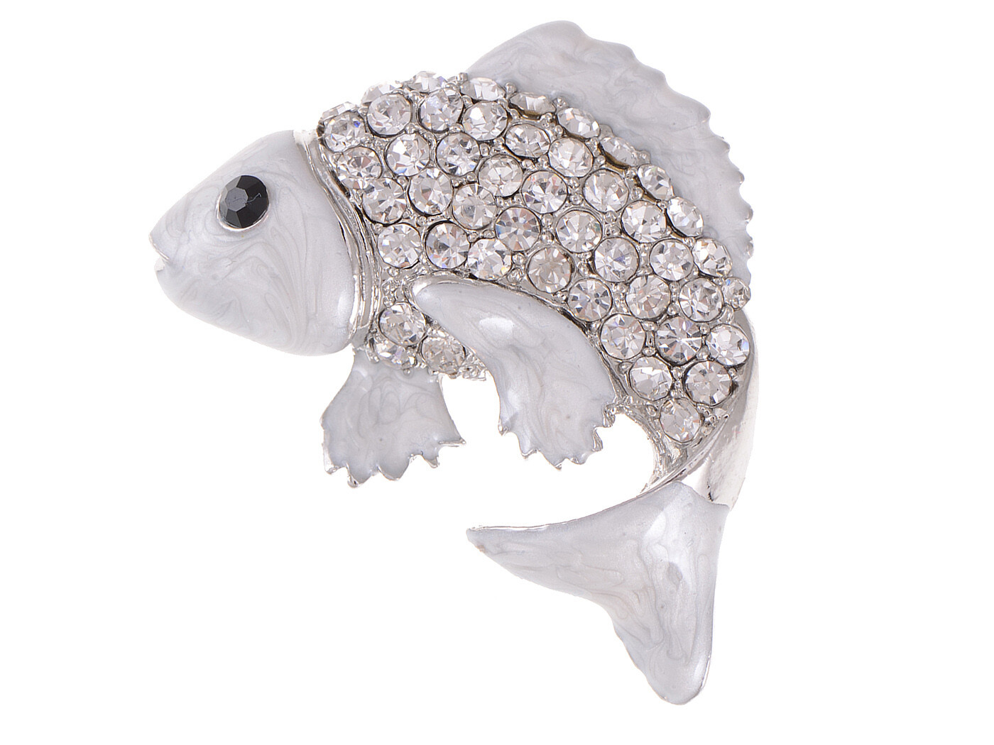 Koi Gold Fish Carp Silver Tone Enamel Clear White Crystal Rhinestone Ocean Anima