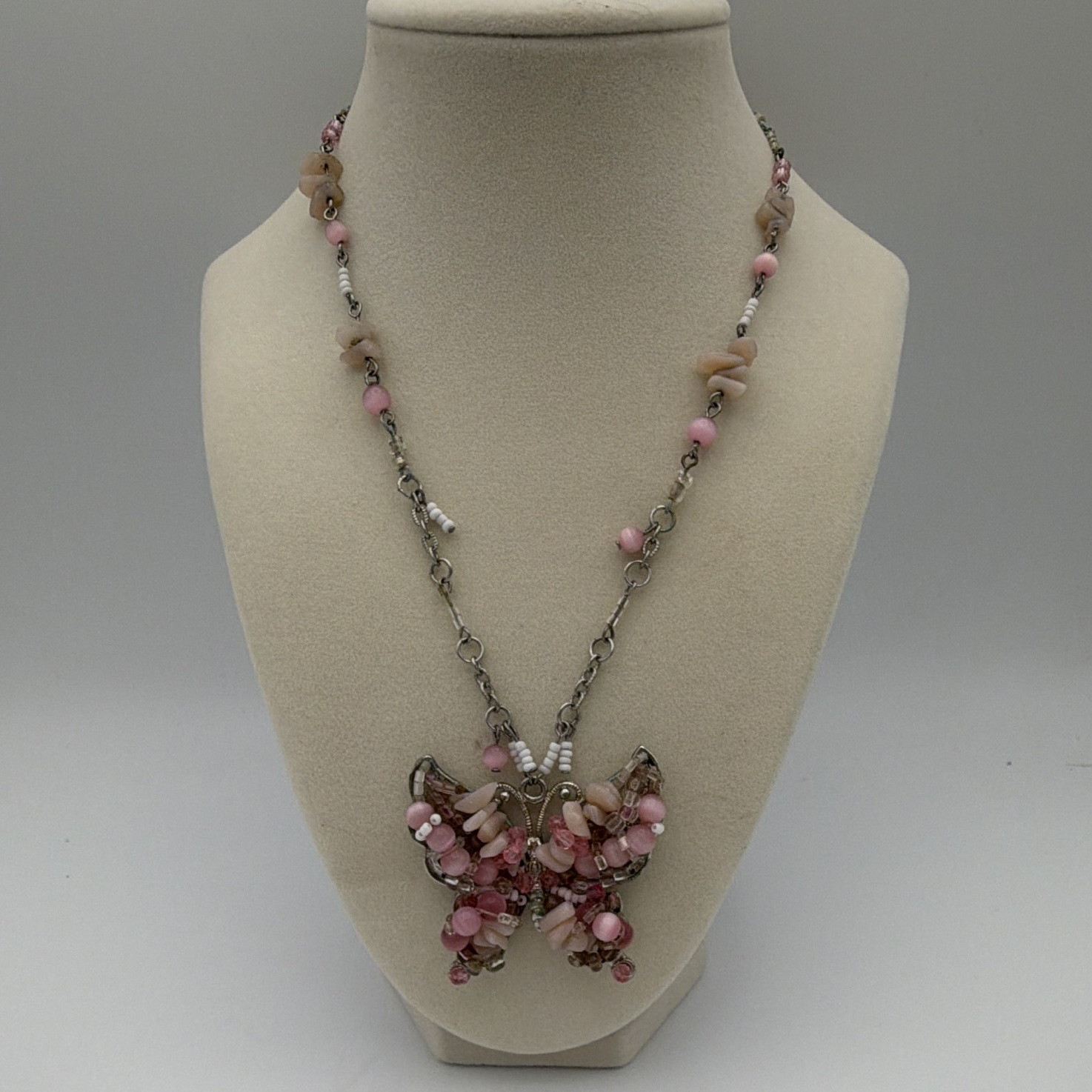 Pink Crystal Beaded Necklace Silver Tone Chain Butterfly Charm Lobster 18+3in