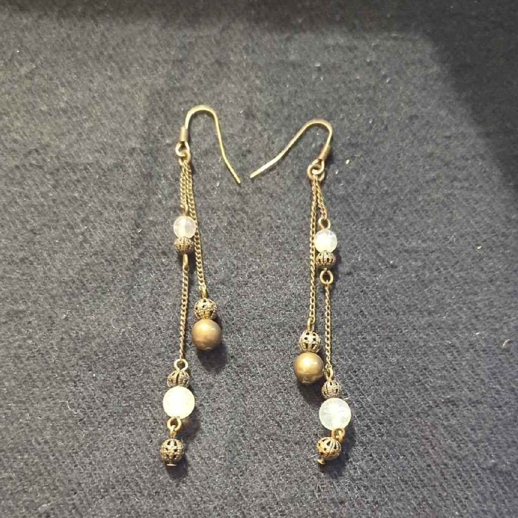 Brass Tone Translucent White Beaded Ling Dangle Statement Earrings