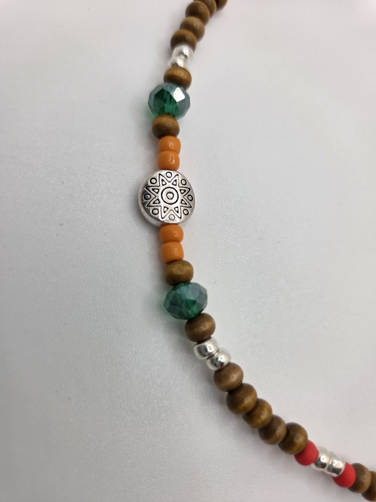 Beaded Necklace Wood Glass Beads Bohemian 18 Inches Lobster Clasp Green Red Boho