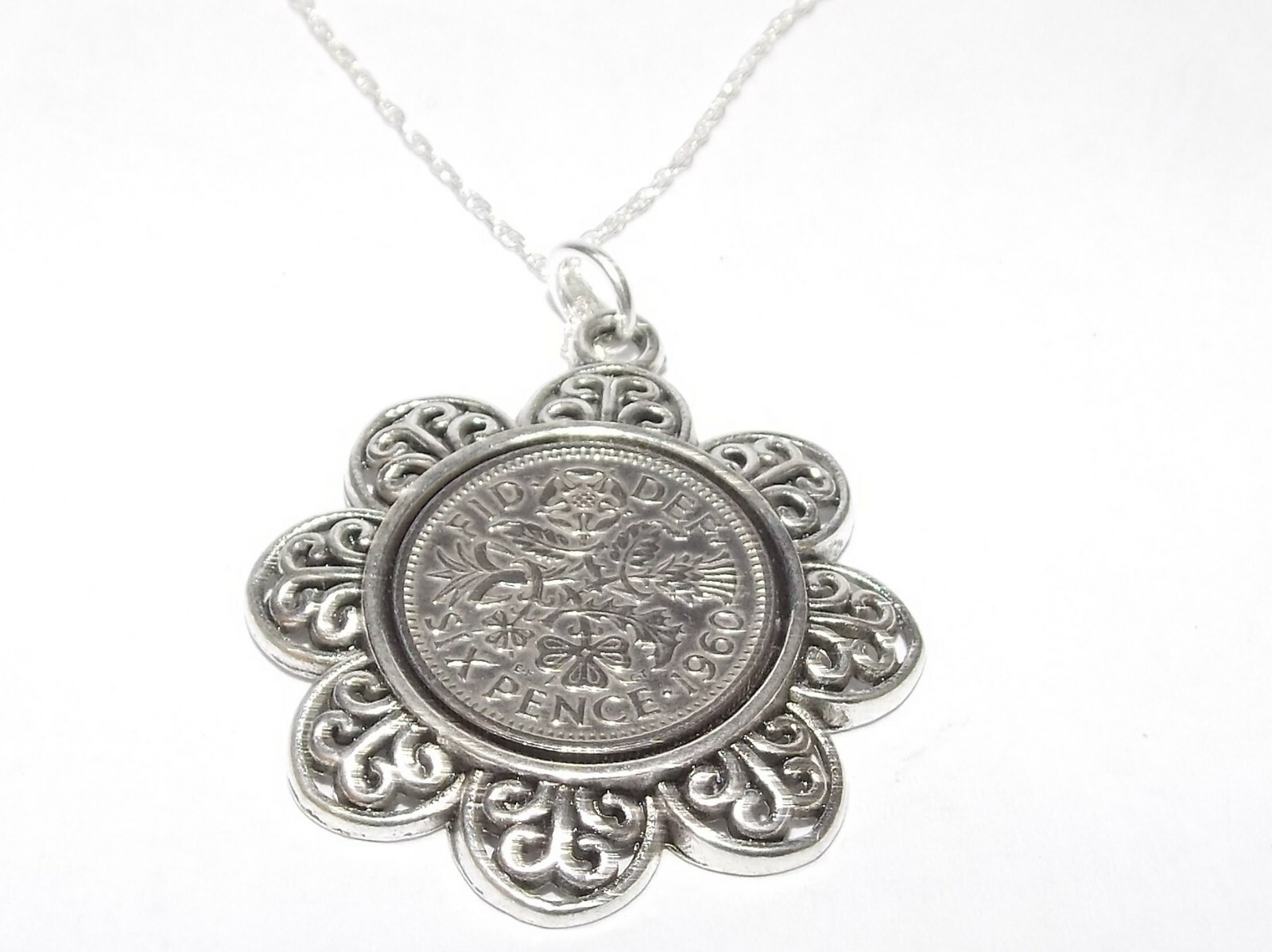 62nd Birthday Gift – 1964 – LUCKY SIXPENCE COIN Floral Pendant+ SS 18in Chain