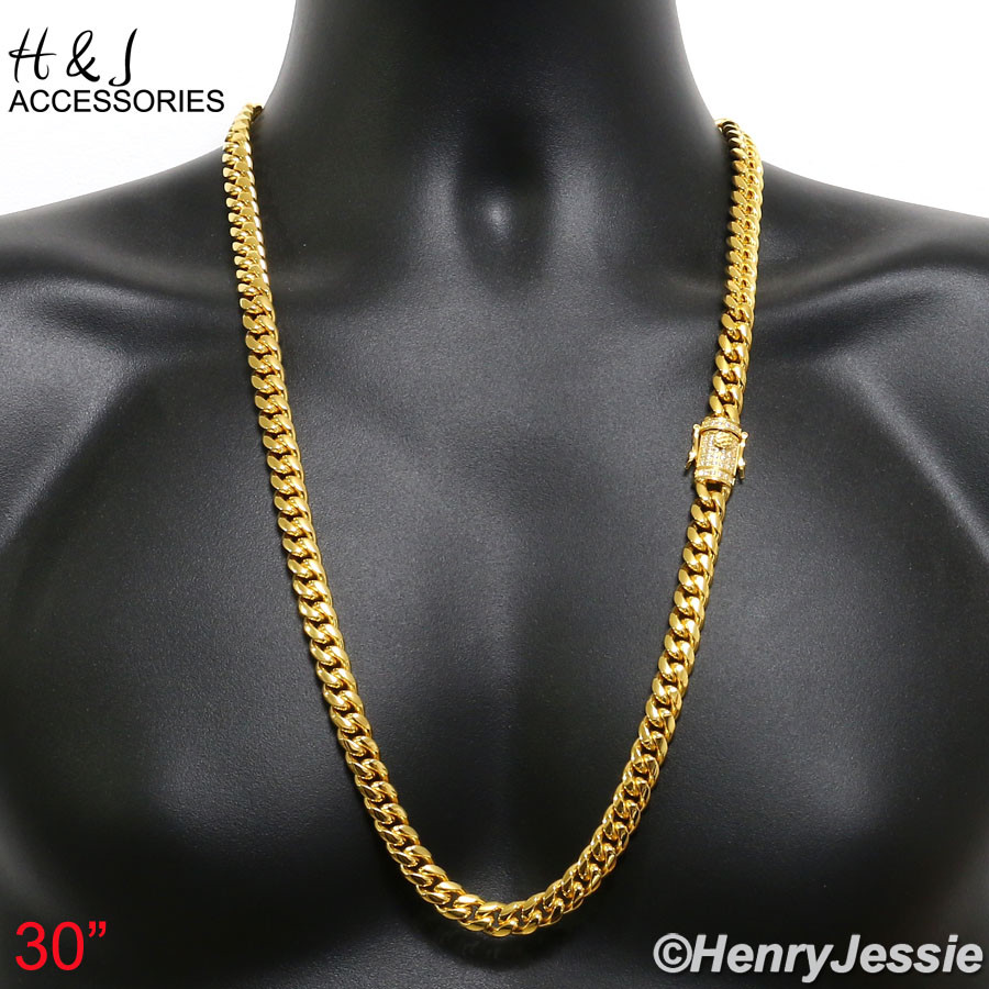 18-40″MEN Stainless Steel 10/12/14mm Gold Plated ICY CZ Miami Cuban Necklace*158