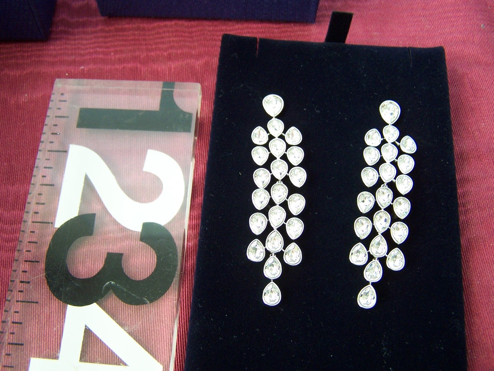 Swarovski Crystal chandelier earrings, pear shaped, Rhodium finish 3″. NIB