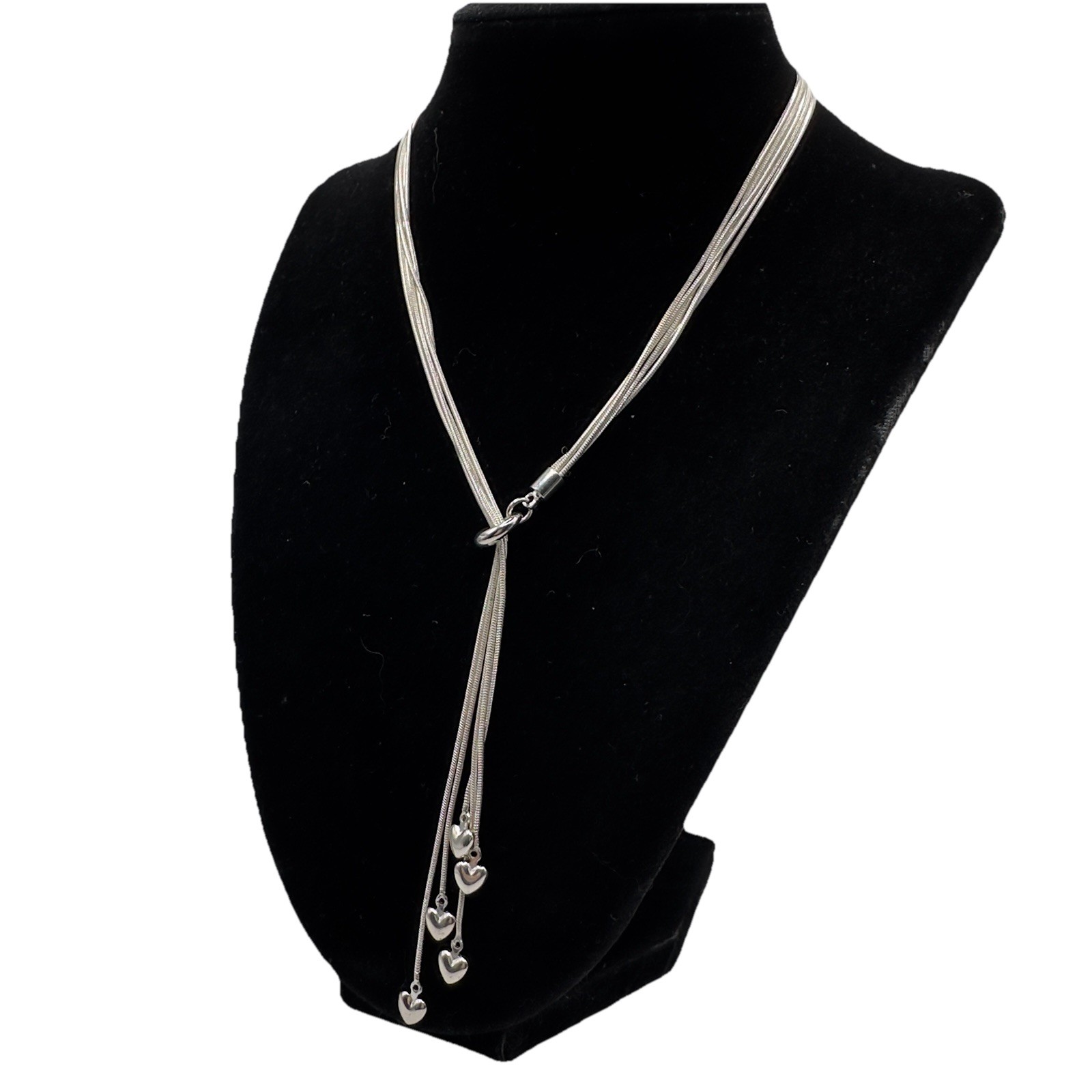 Silver Tone Lariat Necklace 5 Strand Snake Chain Heart Y Drop 16” Fashion