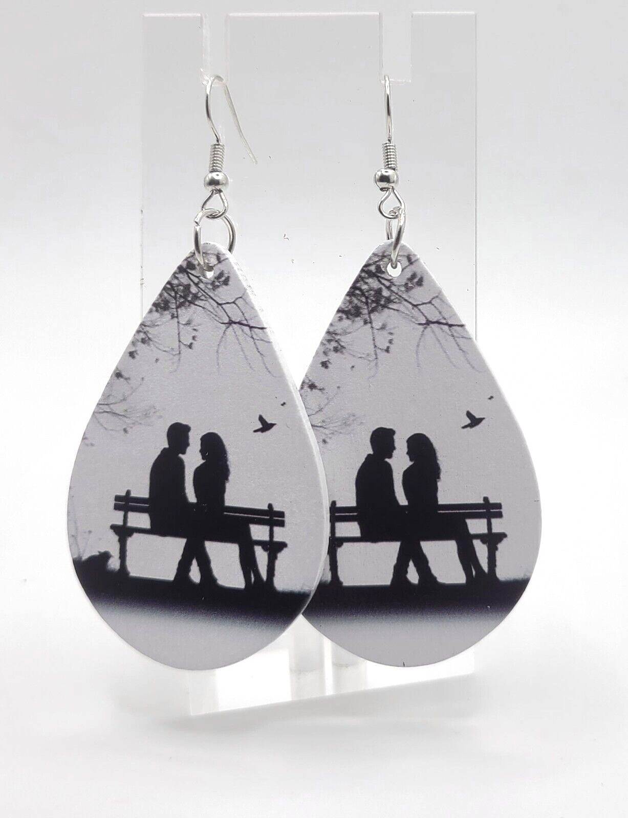 EARRINGS LOVE IS IN THE AIR IN BLACK & WHITE Acrylic TEARDROP 2 & 1/2″ L #203