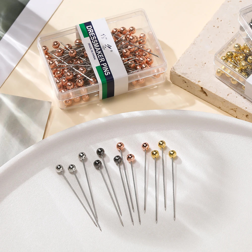 100Pcs/Box Stainless Steel round Pearl Head Needles Stitch Straight Push Sewing