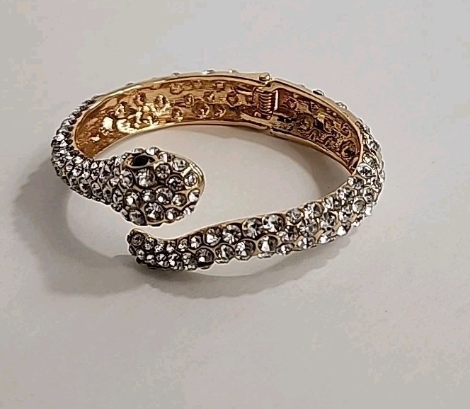 Snake Bracelet Hinged White Pave Rhinestones Black Eyes Gold Tone Size 6.5 to 7