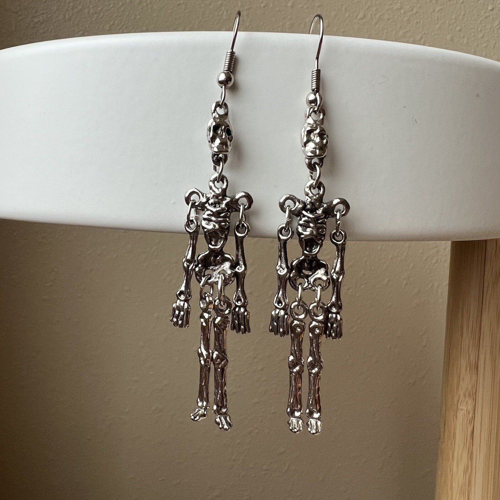 Skeleton Halloween Dangle Earrings Silver Tone Spooky Scary Movable Jewelry