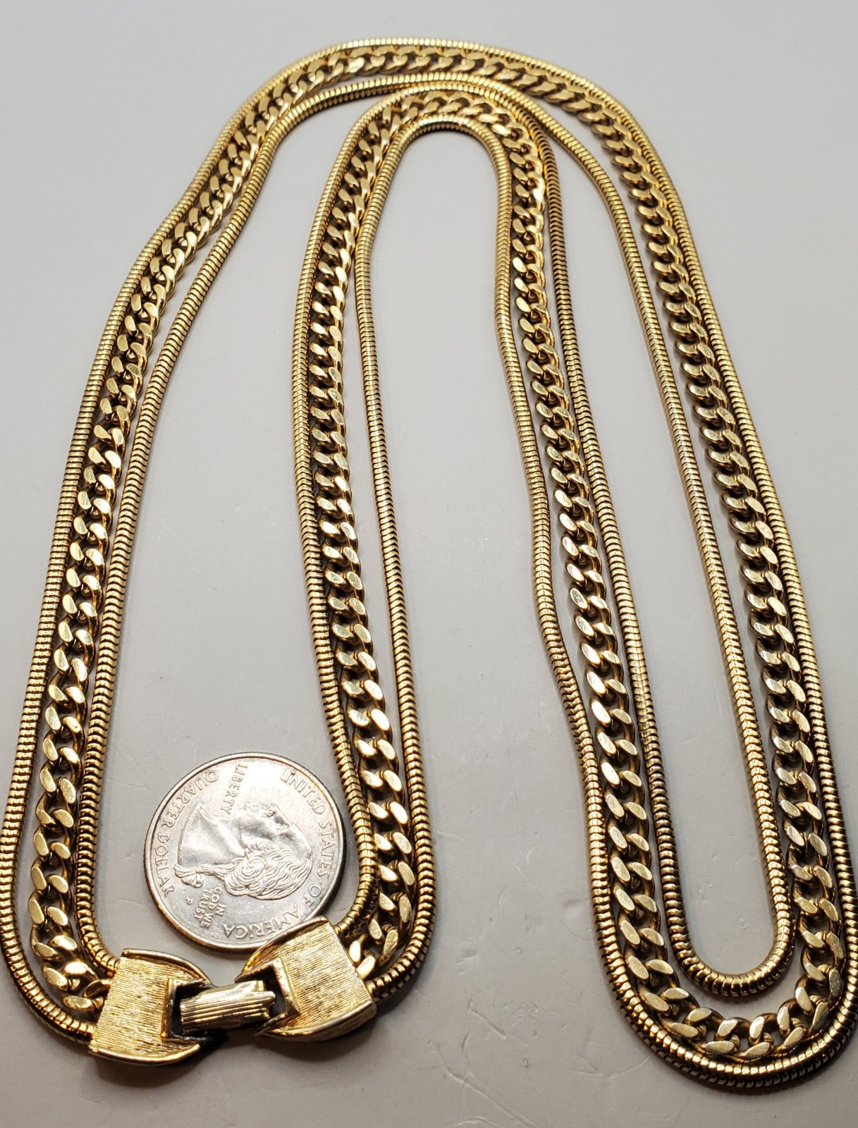 Vintage 3 Strand Curb & Snake Chain Gold Tone Layered Necklace Fold Over Clasp