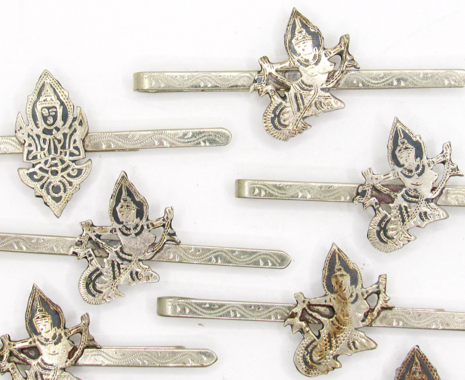 11 VINTAGE COSTUME SIAM DANCER NIELLO STYLE ENAMEL TIE CLIPS/HAIR BARRETTES LOT