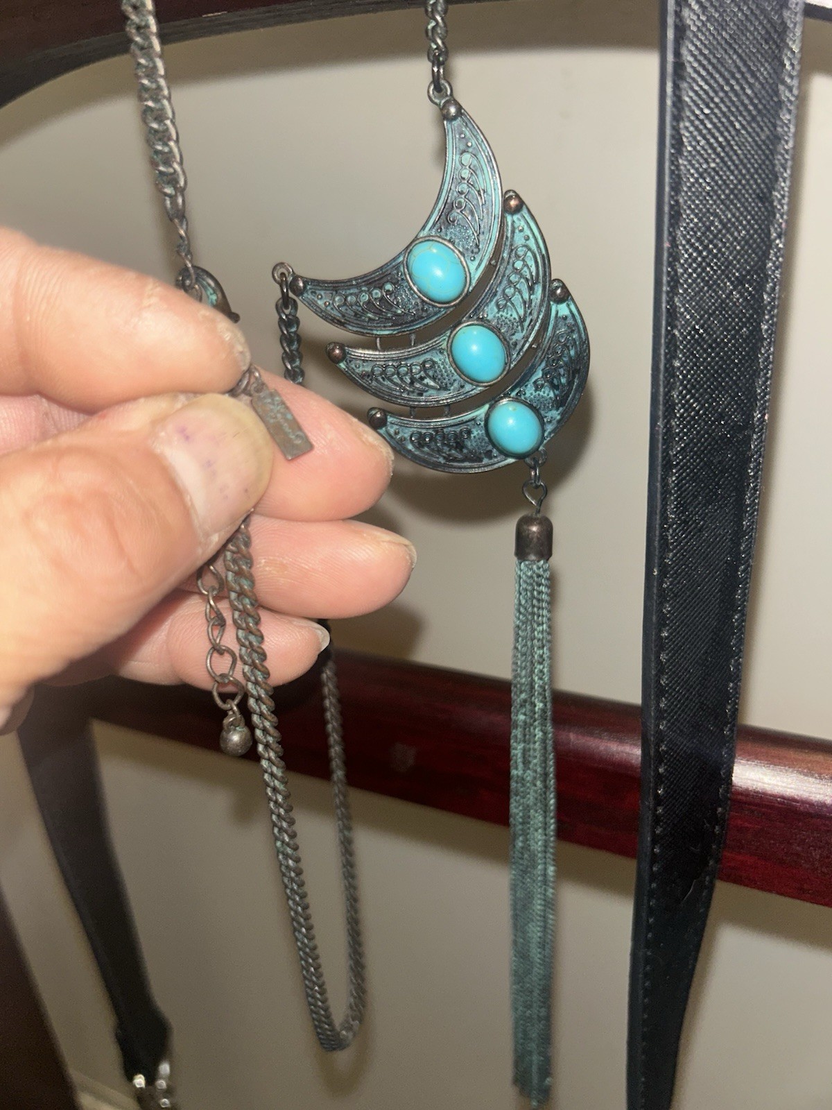 Boho Extra Longe Western Tassle Turquoise Necklace Vintage Cowgirl Stone Jewelry