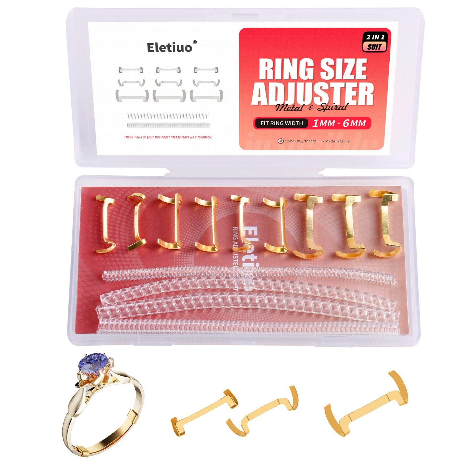 13 Pack Metal Ring Size Adjusters – Invisible Ring Guards, 4 Sizes, Gold & Clear