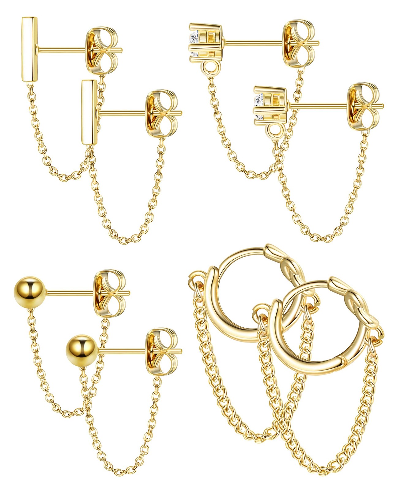 Chain Earrings 14K Gold Hypoallergenic CZ Ball Bar Huggie – 4 Pairs Cute Dangle