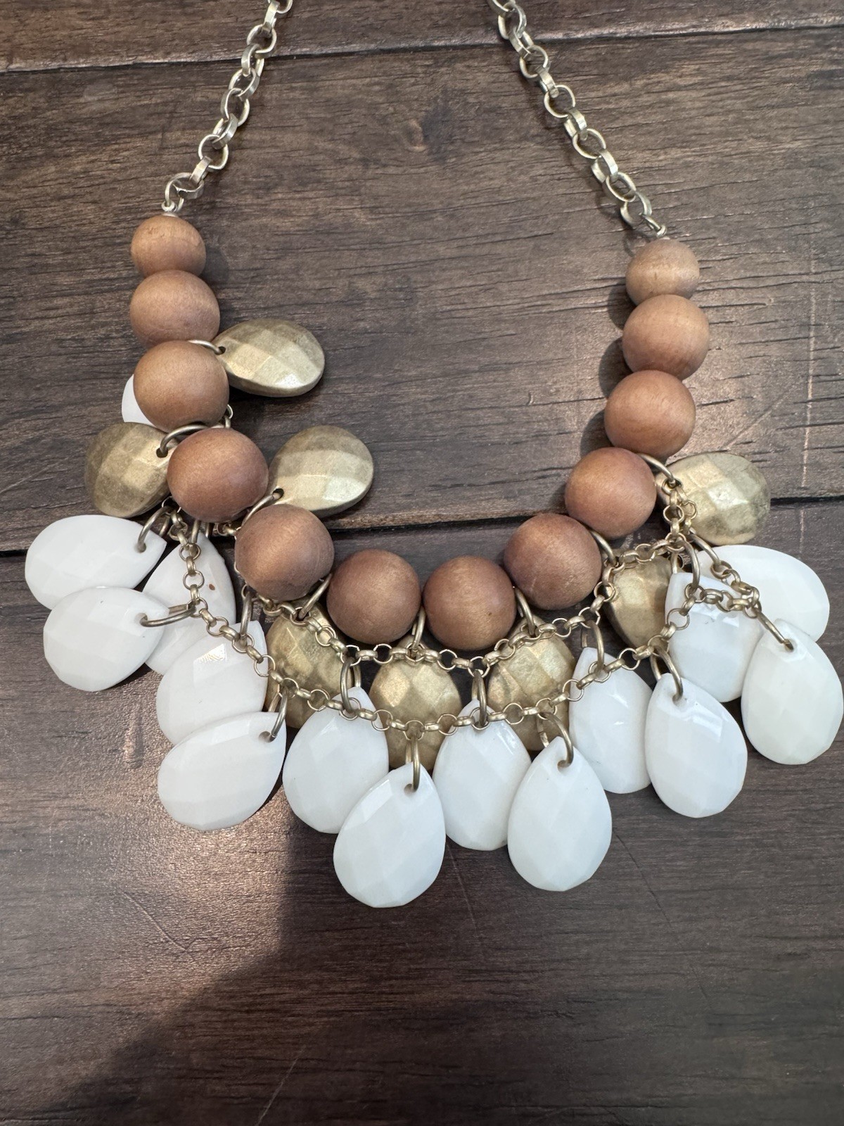 Statement Beaded Necklace Brown Wood Beads White Teardrop Dangles 18 in