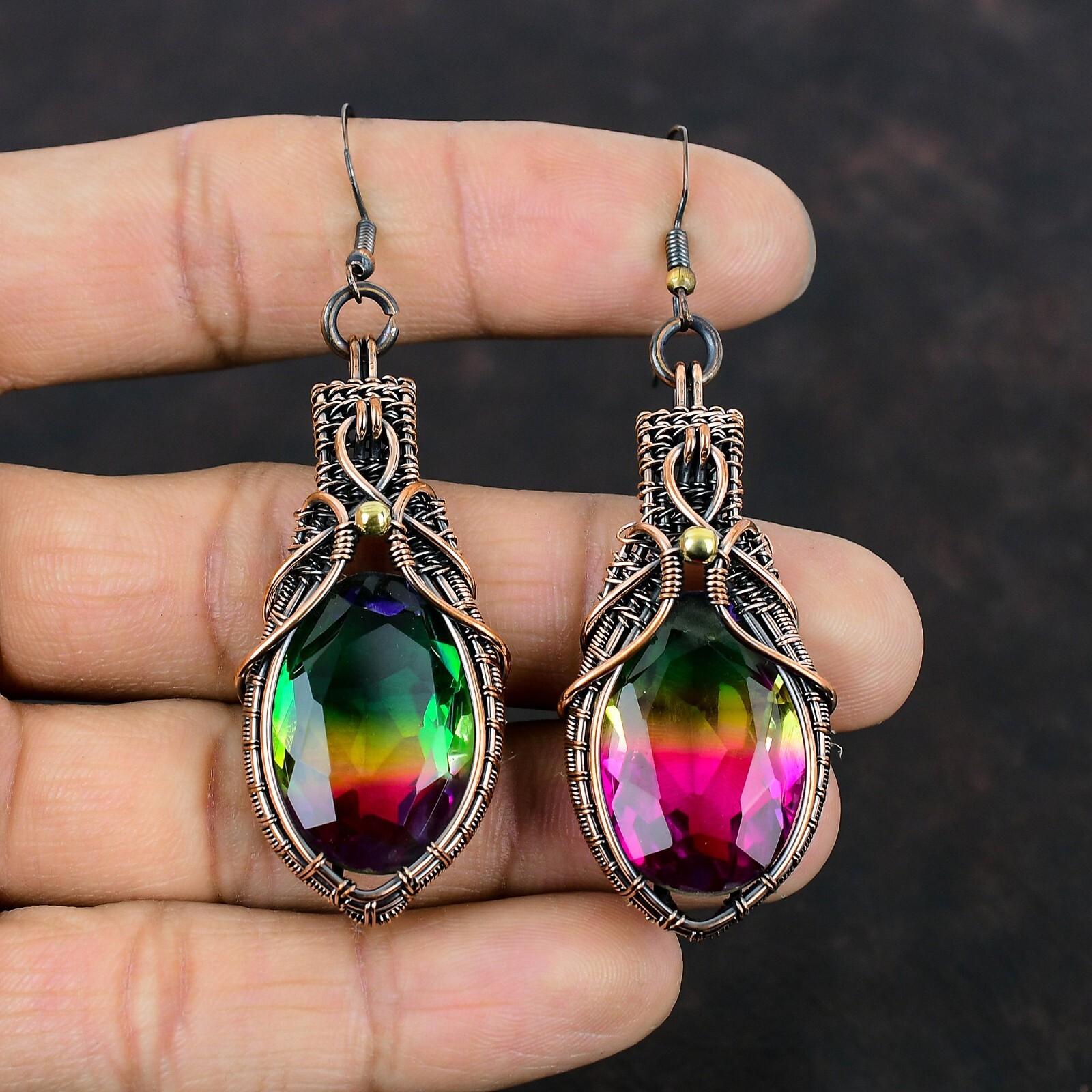 Multi Tourmaline Copper Love Gift Wire Wrapped Drop/Dangle Earrings 2.95″